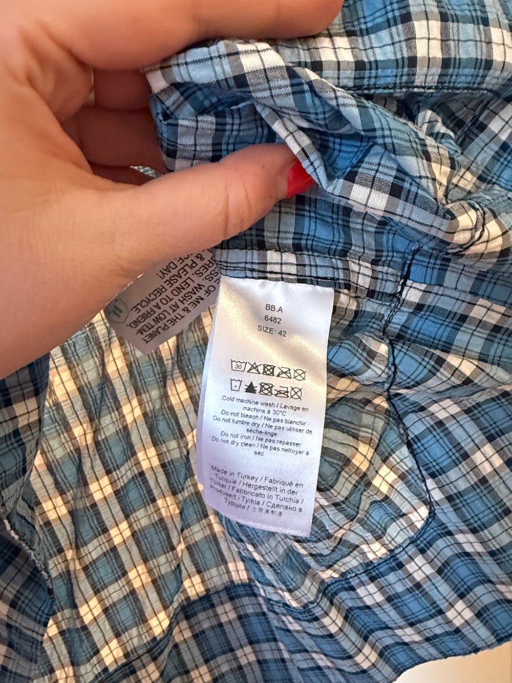 Ganni Blue White Plaid Ruffle Collar Blouse - Picture 2 of 3